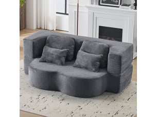 Canapé droit convertible 2 places en velours bleu gris avec 4 coussins, pliable pour salon, chambre ou invités