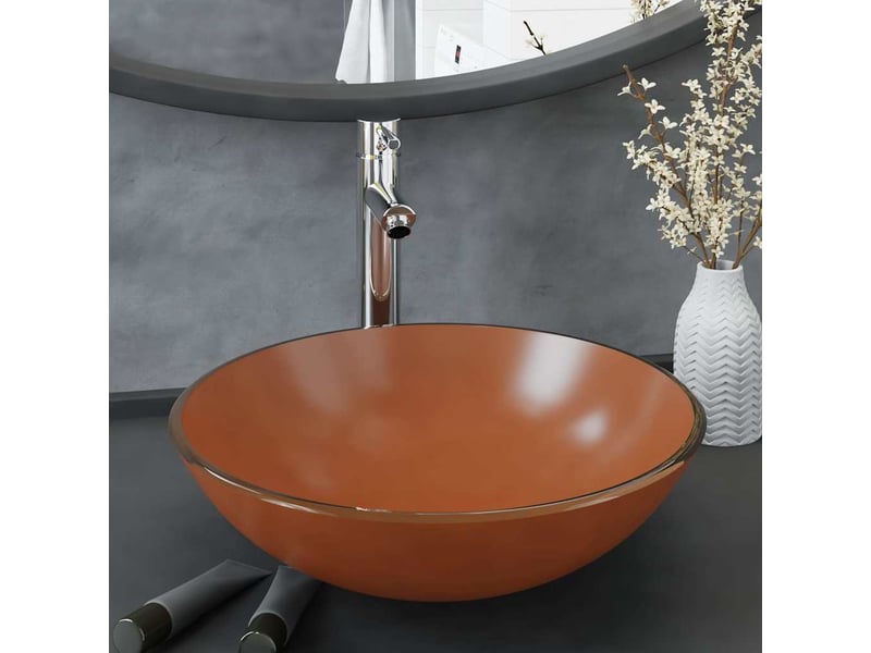  Lavabo de bain, vasque à poser avec robinet et drain à poussoir verre trempé cf65653  - Conforama B