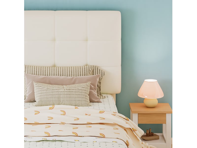  Lit enfant simple 90x200 cm tête biscuit, tête de lit et bords mousse anti-choc, pu+métal beige sans matelas  - Conforama E