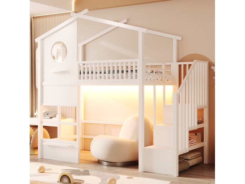  Lit mezzanine 90x200 cm maison avec escalier de rangement, led, coloris blanc  - Conforama B
