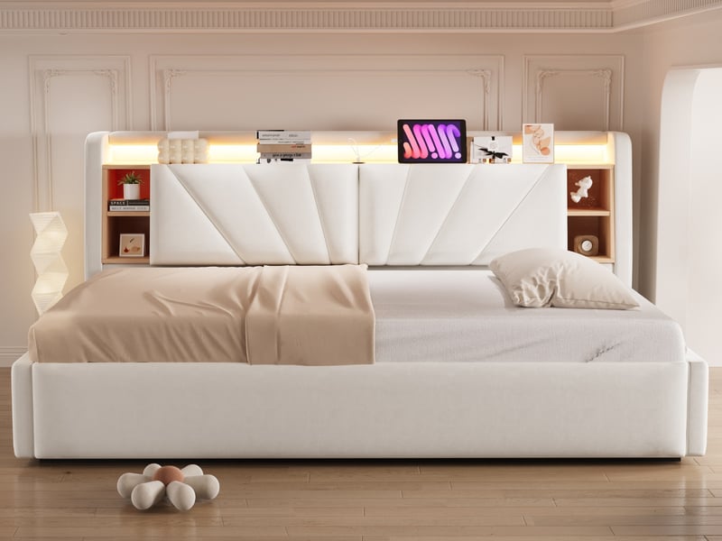  Lit rembourré, 90 x 200 cm, avec coffre de rangement hydraulique, dossier avec étagère et compartiment de rangement, velours, beige  - Conforama B