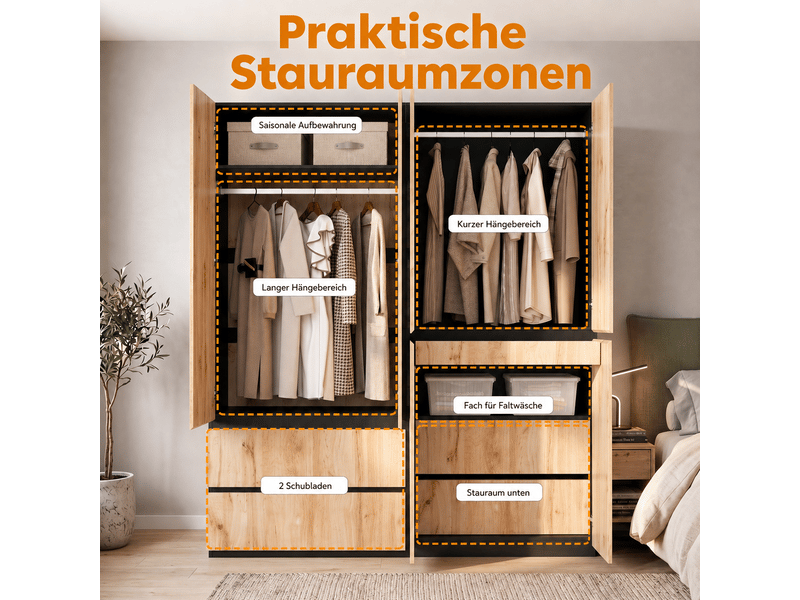  Armoire penderie 180 x 50 x 200 cm - référence n907a000033s - 6 portes - 5 tiroirs - 2 barres de penderie - chêne artisan et blanc  - Conforama E