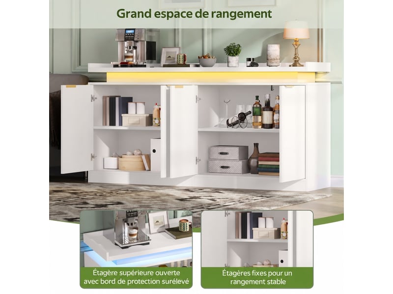  Buffet 160 x 39 x 83 cm, 4 portes, éclairage led rgb contrôlable par application et compartiments ouverts, blanc  - Conforama E