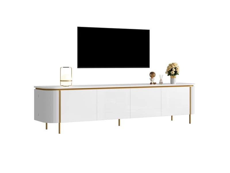  Meuble tv 6 portes sans poignées, passe-câbles, pieds en fer et extrémités arrondies, mdf blanc 180 × 38 × 46 cm  - Conforama A