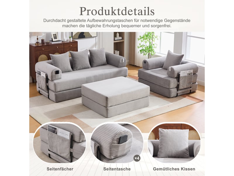 Canapé modulable, canapé 4 places – poches latérales, mousse haute densité, avec pouf, en velours tricoté - Conforama D