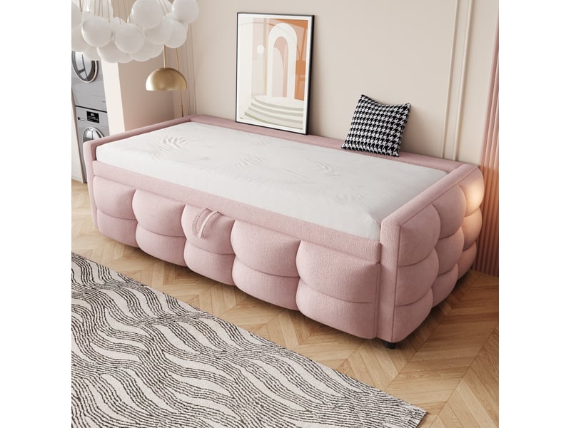  Lit gigogne 90x190+180x190 cm gain de place en velours teddy rose  - Conforama C