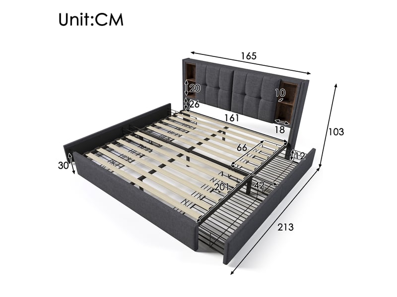  Lit double 160 x 200 cm gris en lin avec 4 tiroirs, chargement sans fil, usb et usb-c  - Conforama E