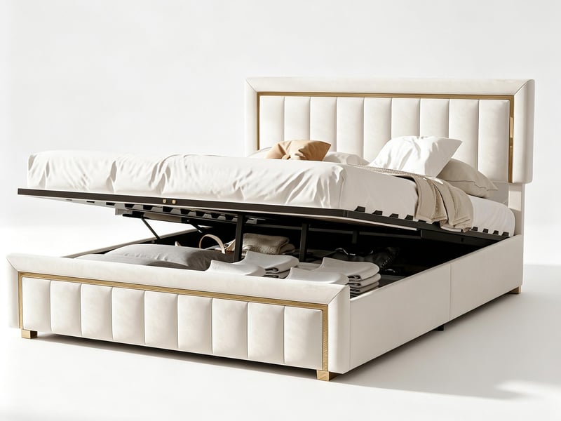 Lit coffre 140x200 - lit 2 places - avec lumière led - beige (matelas non inclus) - Conforama A