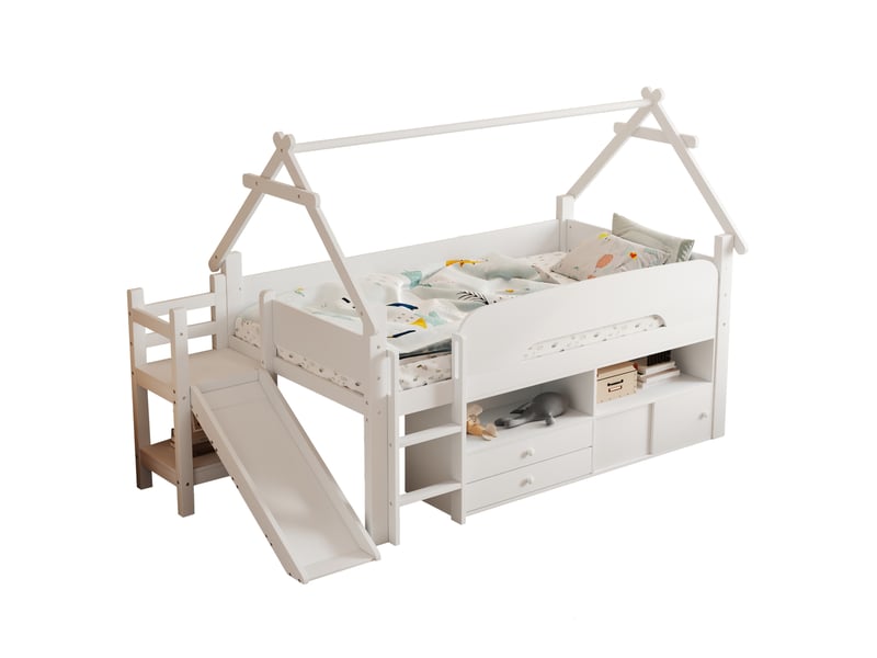 Lit enfant moderne 90 x 200 lit simple avec toit toboggan intégré rangements espace jeu sécurité bois blanc sans matelas - Conforama R