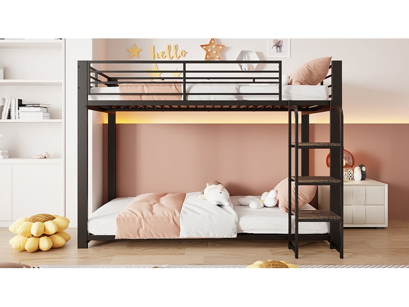  Lit superposé enfant 2 places 90×200 cm, escalier en bois et barrière - okmyhome- métal noir, sans matelas  - Conforama E
