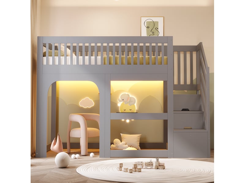 Lit mezzanine 90 × 200 cm avec échelle de rangement, led et espace ouvert pour chambre d’enfant gris - Conforama D