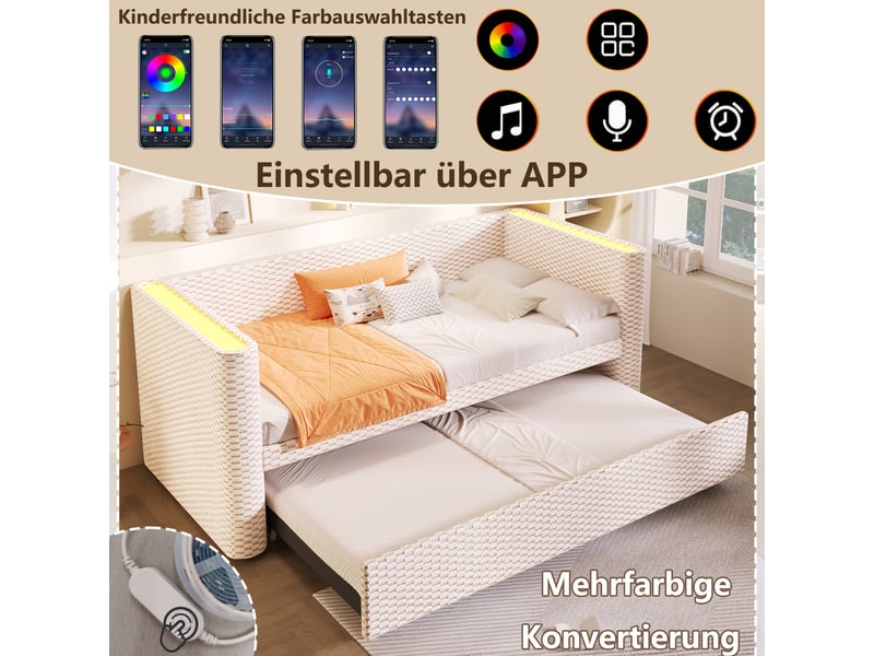  Lit de jour gigogne extensible 90x200 à 180x200 cm velours beige avec led  - Conforama D
