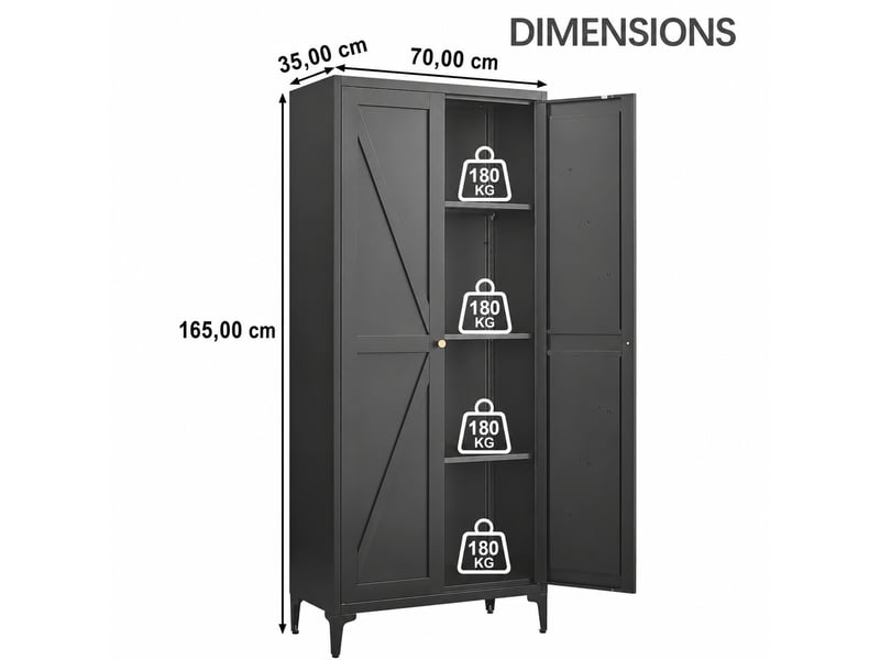  Armoire de rangement métallique noire, 2 portes et 3 étagères réglables, 70 x 35 x 165 cm  - Conforama C