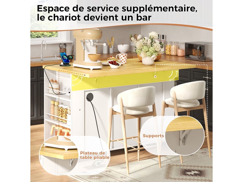 Îlot central de cuisine extensible noir 120x40x95cm 3 tiroirs 2 étagères pivotant réglable roulettes mdf cuisine rangement pratique - Conforama C