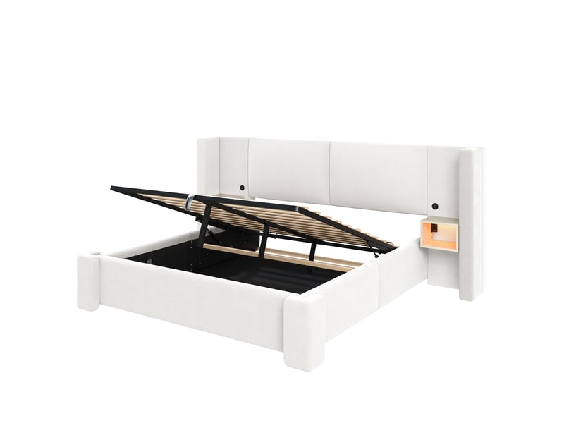 Lit coffre 2 places 180 × 200 cm avec rangement hydraulique, led réglable et chevets, sans matelas, en lin beige - Conforama E