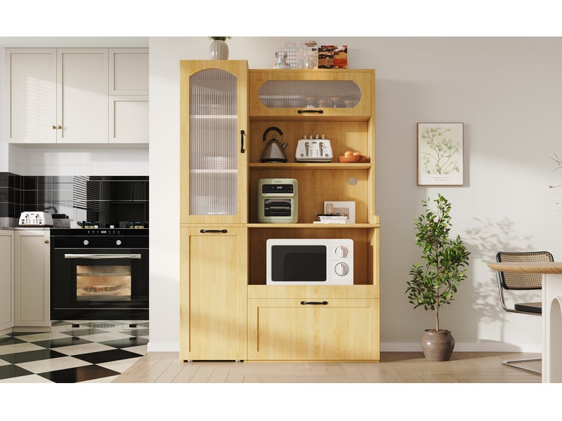 Meuble haut couleur naturelle - verre cannelé, étagères réglables et coulissantes - salle à manger - Conforama B