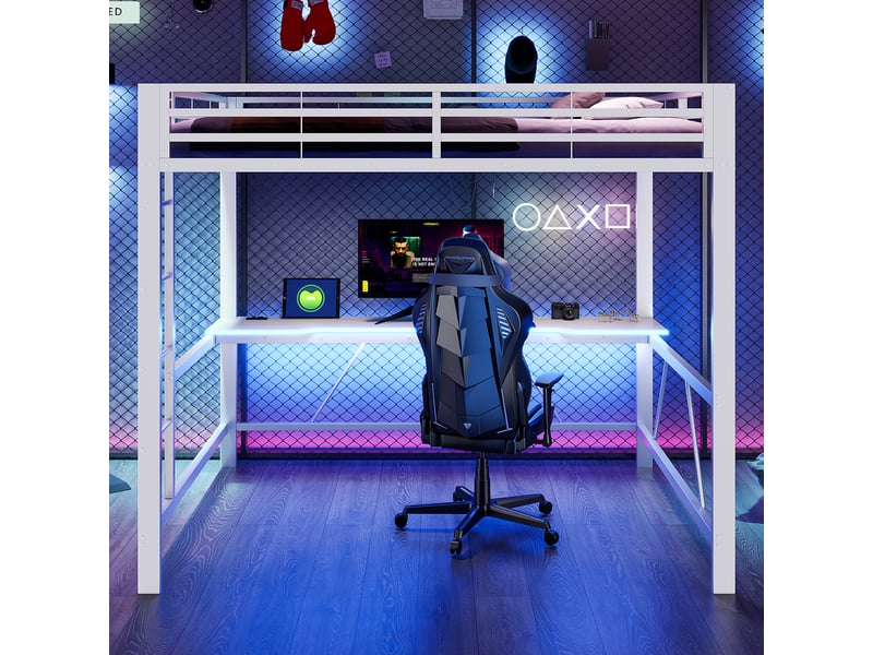 Lit mezzanine gaming 160x200 cm blanc, avec bureau, led, usb, rangements, structure métal, sommier inclus, sans matelas - Conforama R