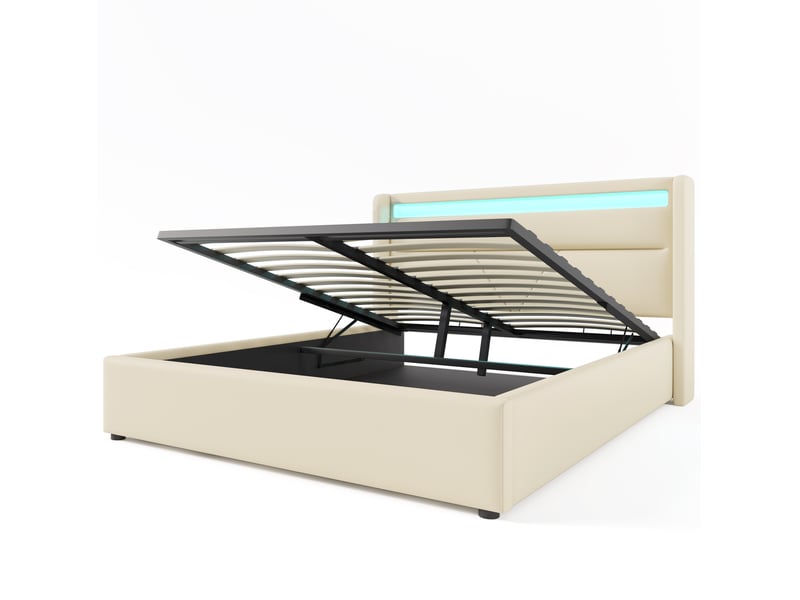  Lit coffre adulte 160x200 cm – blanc – led réglable, rangement hydraulique et sommier inclus - sans matelas  - Conforama A