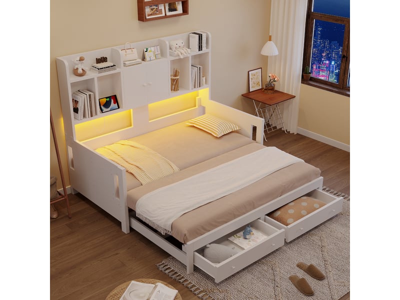  Canapé-lit extensible 90/180x190 cm avec rangements, led et prise, blanc, sans matelas  - Conforama W