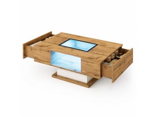 Table basse led 110.2x60x39.7 cm avec verre et 2 tiroirs blanc et naturel