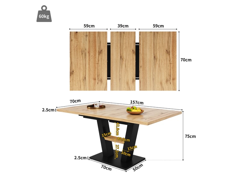  Table à manger extensible 118-157x70x75cm, table télescopique rectangulaire, 6 personnes, noir et naturel  - Conforama C