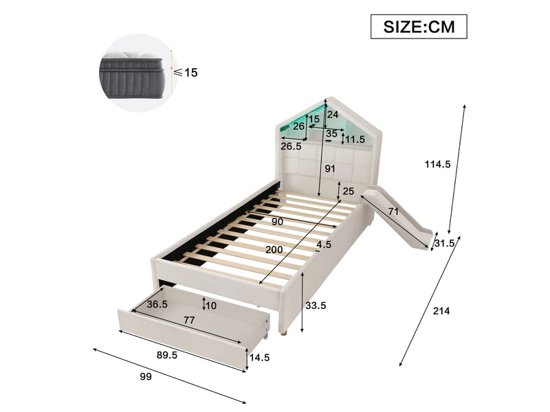  Lit enfant 90x200 avec toboggan réversible, led et rangement homvra  - Conforama E
