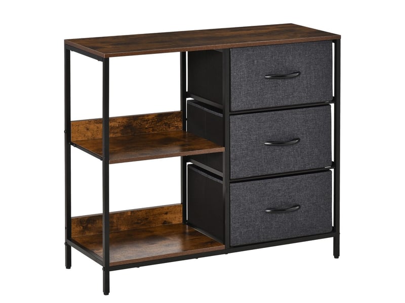  Commode étroite en tissu 3 tiroirs pliables + 2 étagères, lin gris et marron rustique, mdf et métal, 80x29x71 cm 831-407CG - Conforama B