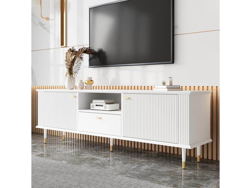 Meuble tv blanc 170 cm en mdf laqué avec portes, tiroir et pieds en métal doré  - Conforama B