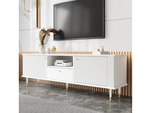 Meuble tv blanc 170 cm en mdf laqué avec portes, tiroir et pieds en métal doré