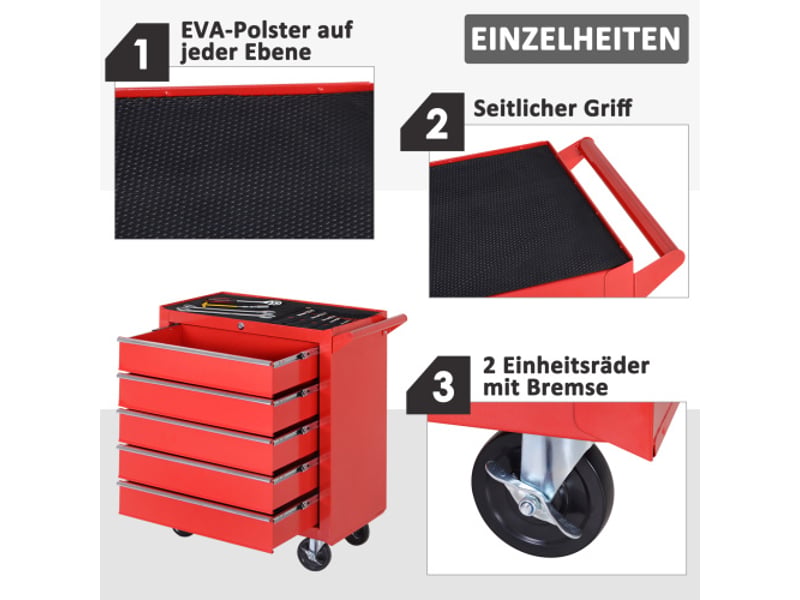  Servante d’atelier mobile en acier rouge, 5 tiroirs verrouillables, tapis eva, charge max. 150 kg  - Conforama C
