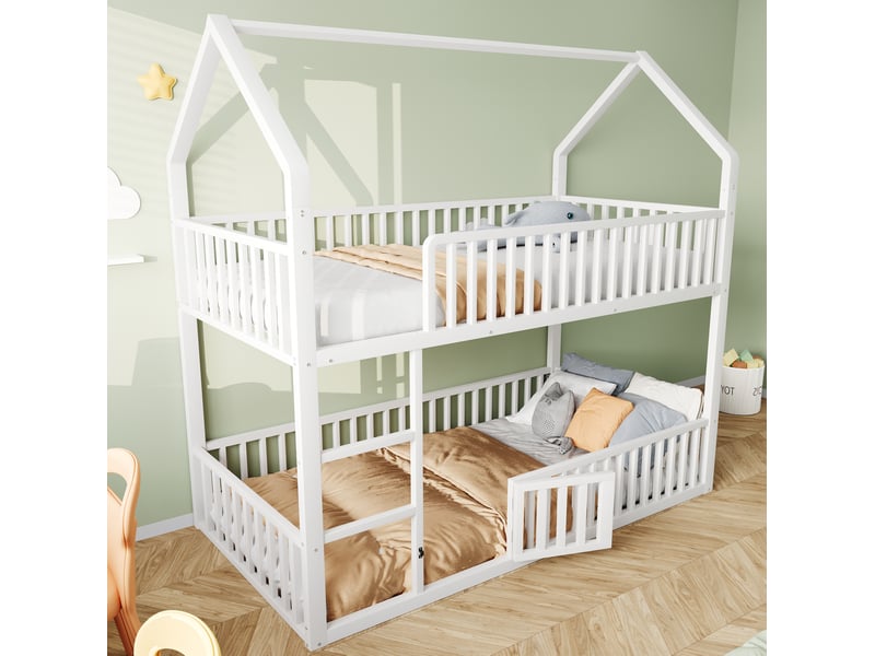  Lit superposé 90x200 cm avec échelle frontale et porte basse, en métal, blanc  - Conforama C