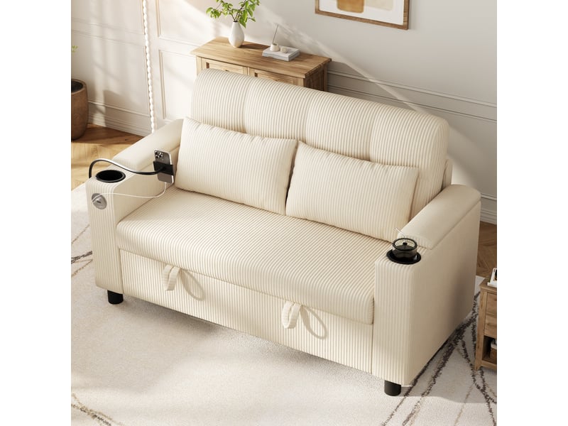  Canapé 2 places avec coffre de rangement, porte-gobelets, rangements accoudoirs, usbusb-c, support téléphone, velours côtelé - beige  - Conforama E