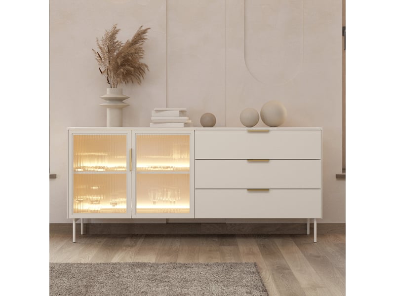  Selsey lumi – buffet 2 portes vitrées avec 3 tiroirs et éclairage led - cachemire - 181 cm Lumi - Conforama B
