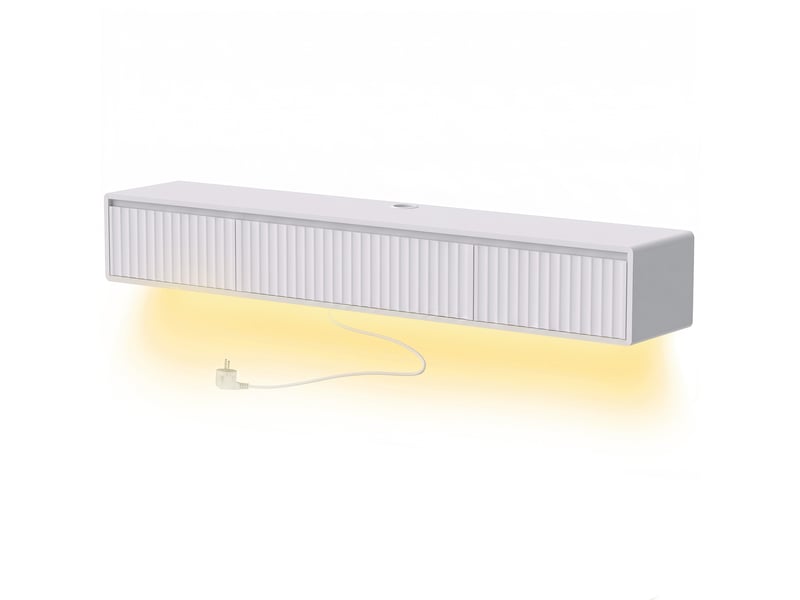  Meuble tv suspendu flottant 160 cm avec éclairage led et prises, blanc, meuble télé pour téléviseur 72 pouces  - Conforama B