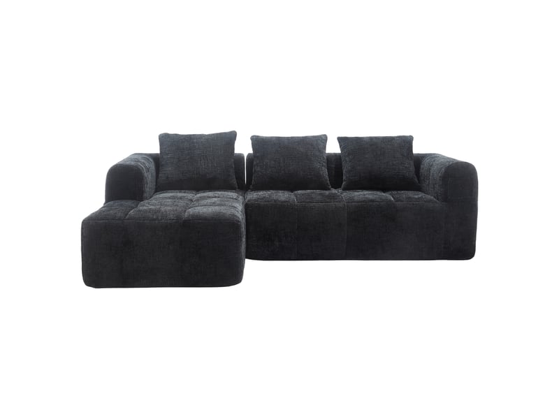  Canapé d'angle 3 places en chenille noir avec méridienne, accoudoirs et 3 coussins inclus  - Conforama A