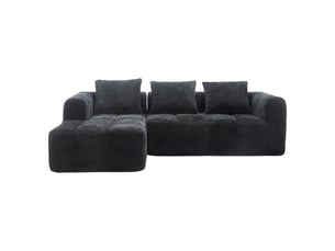 Canapé d'angle 3 places en chenille noir avec méridienne, accoudoirs et 3 coussins inclus