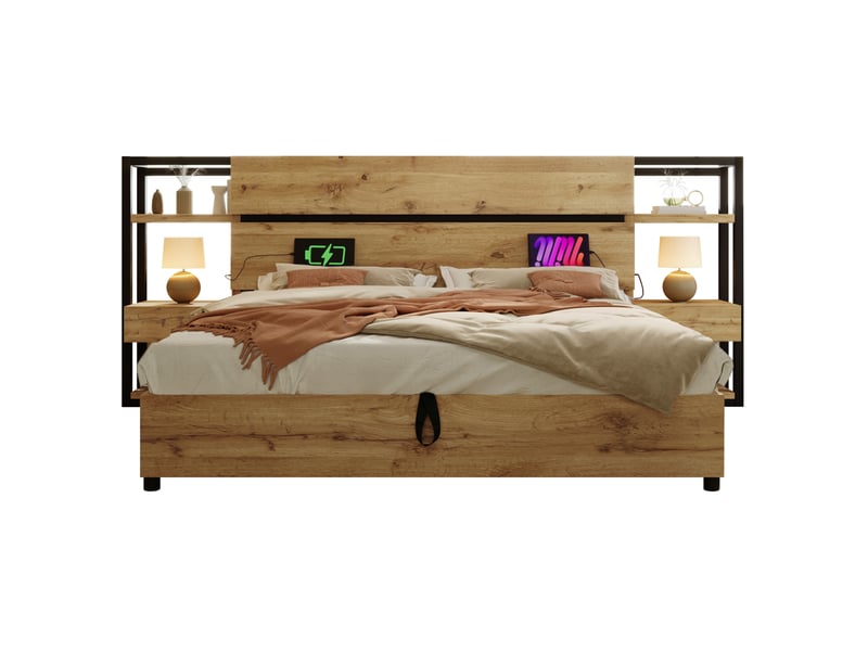Lit coffre double 180x200 cm avec rangements et recharge usb, décor chêne - Conforama A