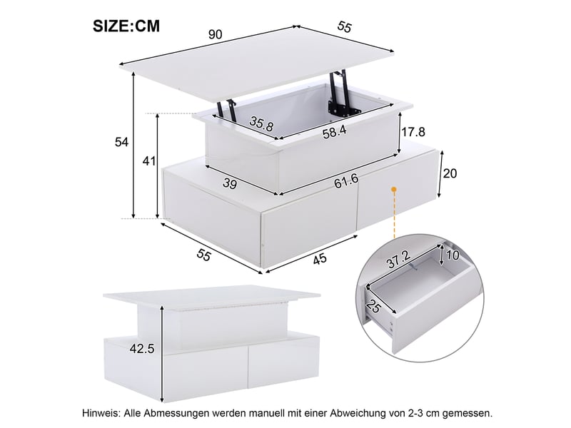  Table basse moderne blanche laquée brillante avec éclairage led et 4 tiroirs – élégante table d'appoint de 90 x 55 x 41 cm avec espace de rangement, supportant jusqu'à 30 kg  - Conforama C