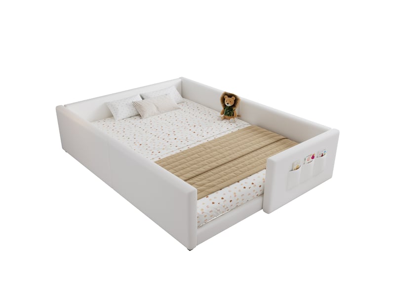  Lit enfant 140x200 cm, lit 2 place, design enveloppant, 3 poches de rangement, sommier, polyuréthane, blanc sans matelas  - Conforama A