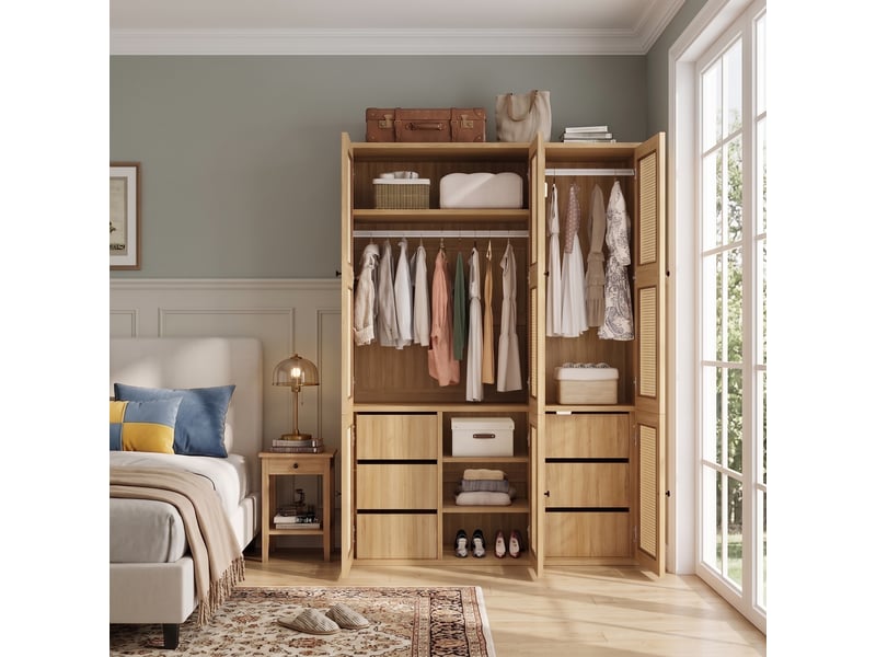Armoire 135 x 47 x 200 cm, portes battantes avec cannage en rotin, 2 tringles, 6 tiroirs, 4 compartiments de rangement Bliss Lite - Conforama E