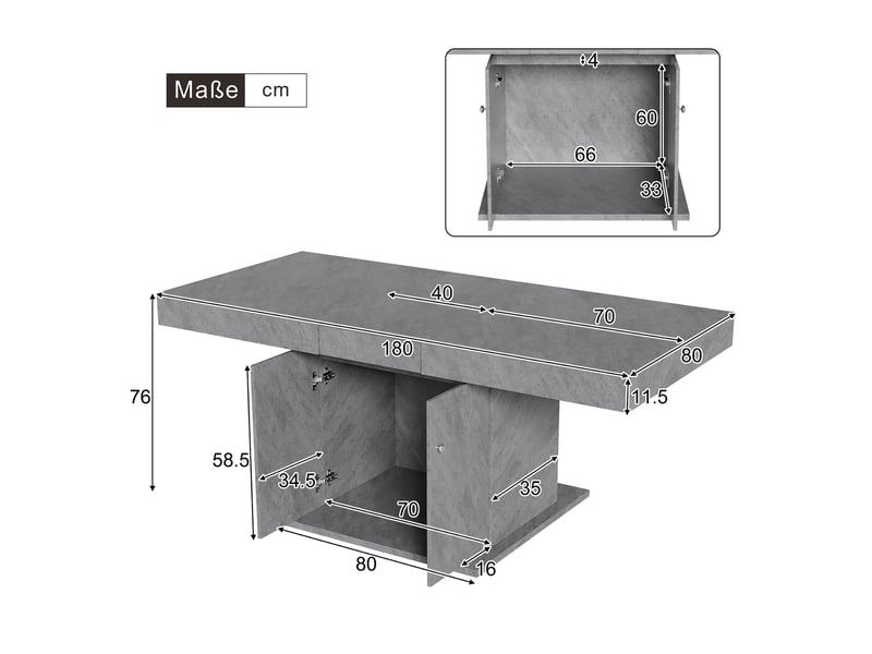 Table à manger extensible 140-180 x 80 cm avec rangement, gris effet béton - Conforama C