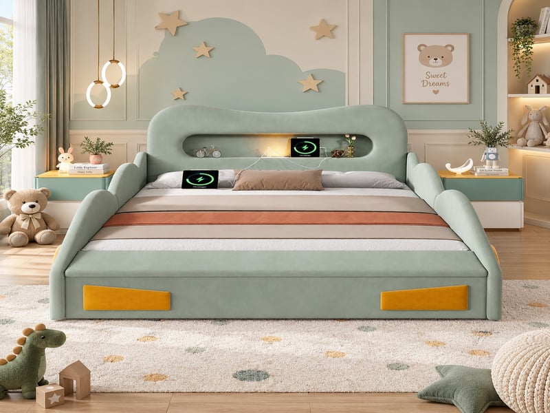  Lit pour enfant 140x200 cm, lit voiture, rembourré, liseuse, port de charge, coffre au pied, roues, flanelle, vert  - Conforama B
