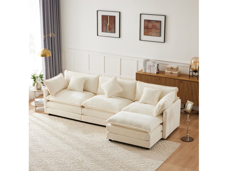  Canapé d'angle modenvie 3 places en chenille beige avec pouf mobile 283 x 147 x 84 cm  - Conforama B