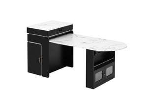 Îlot de cuisine mobile noir et bois naturel, longueur extensible de 55 à 194 cm, plateau effet marbre blanc, led multicolore, usbtype-c, tiroirs.