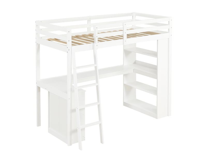  Lit mezzanine enfant,90x200 cm,avec étagères et échelle inclinée,mdf,blanc  - Conforama D