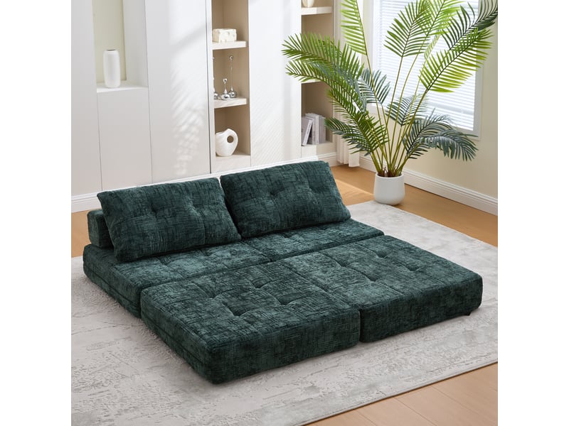  Canapé convertible pliable chenille vert foncé avec coussins, dossier et matelas intégré  - Conforama E