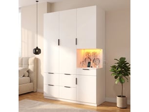 Armoire de chambre blanche 135x50x200 cm avec éclairage led, prise intégrée, 4 portes et 5 tiroirs en mdf