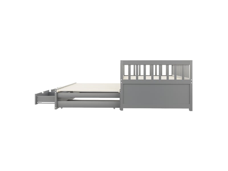  Couchage gigogne, 90x200 cm, avec barrières de sécurité, 2 tiroirs pratiques, matelas non inclus, bois, coloris gris  - Conforama E