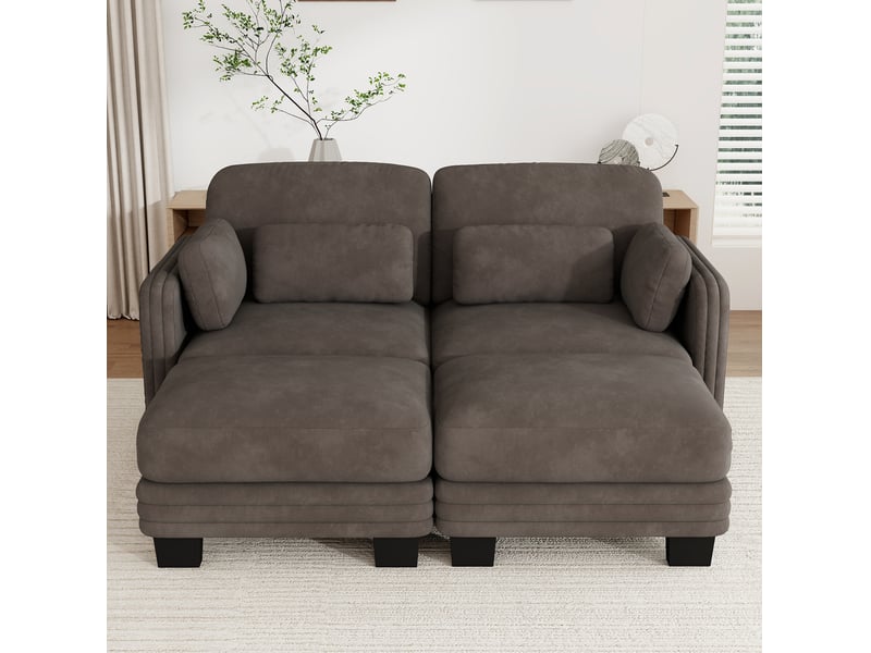 Canapé modulable 2 places tcqpz 176 x 143 x 88 cm avec 2 poufs ottomanes en chenille marron - Conforama E