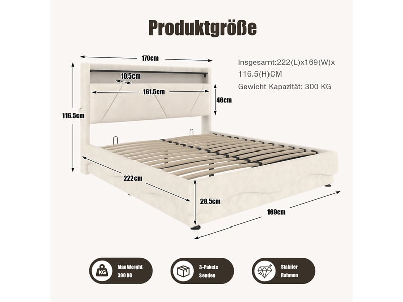  Lit coffre 140x200 cm rembourré avec rangement hydraulique, tête de lit avec étagères, LED, USB et Type-C Fay Lum - Conforama C